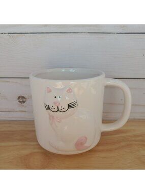 Cat Coffee Or Tea Mug With Raised Motif And Pink Accents 1980s Vintage Ceramic